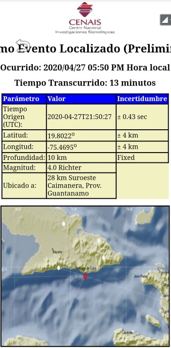 Sismo perceptible esta tarde en la ciudad de Santiago de Cuba