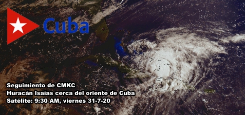 Isaías, como huracán Categoría 1, a las 9:30 AM cerca del extremo oriental de Cuba. CMKC, Radio Revolución.