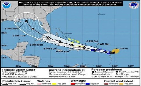 Estado del tiempo por la tormenta tropical Laura y otras formaciones actuales en el Caribe.
